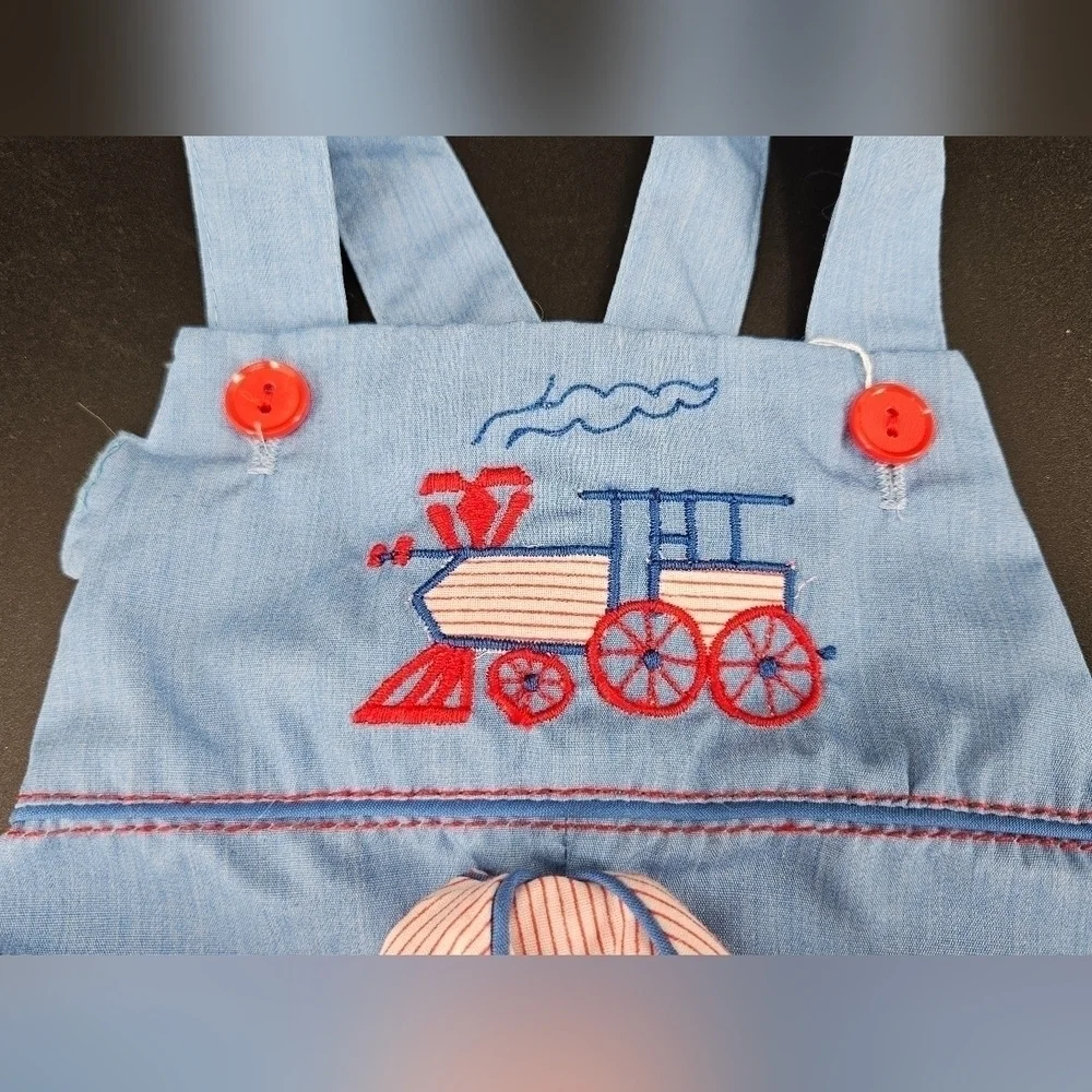 NWT Baby Togs 12 Months BLUE Train Overalls Romper & Matchig Hat 80s Vintage